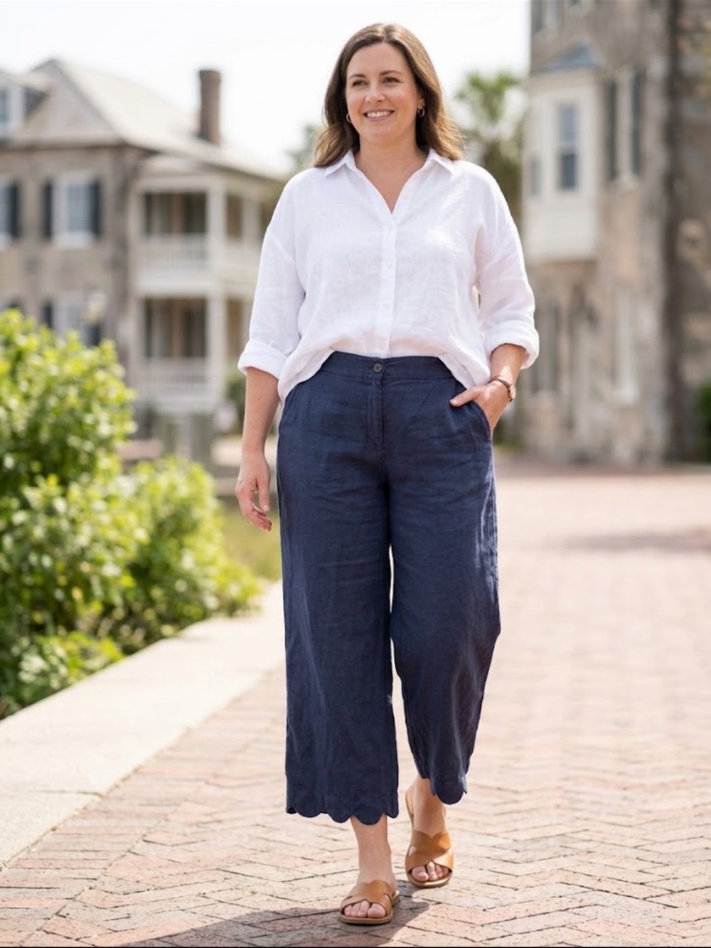 Chico's Size 3 (US 16) Navy Blue 100% Linen Wide Leg Scalloped Hem Crop Pants